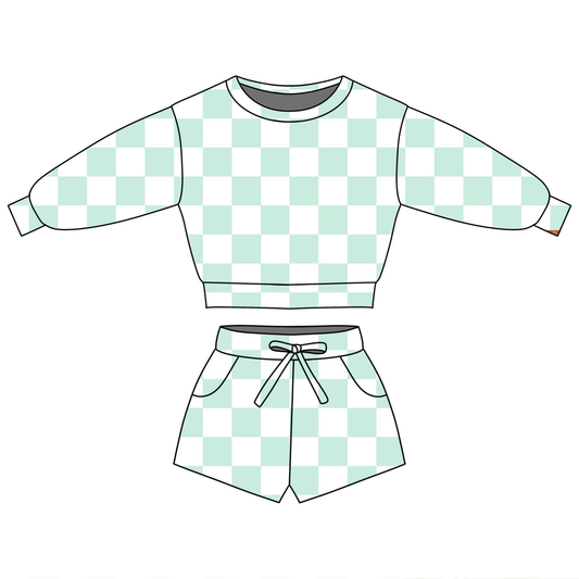 MOQ 5 PCS Preorder GLS0085 Pea Green Plaid Long Sleeve Shorts Girls Sets 202601