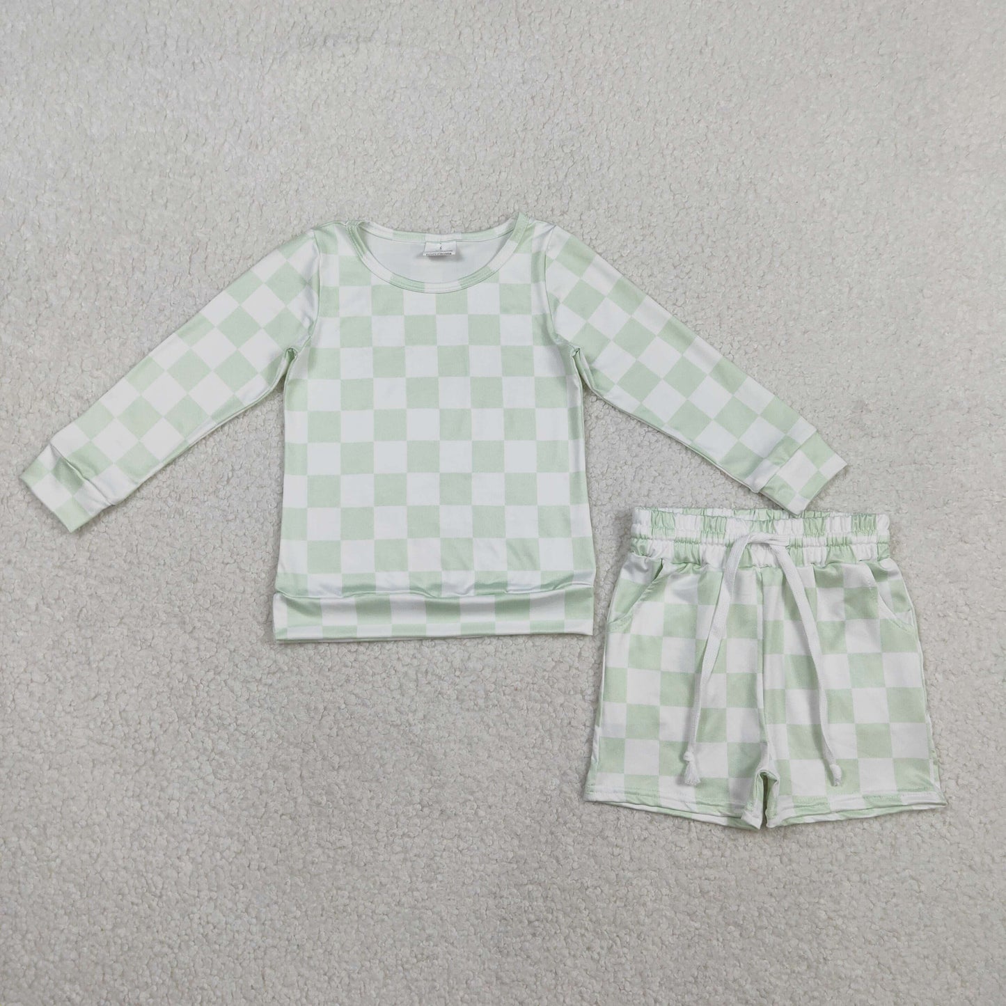 GLS0086 Light Green Plaid Long Sleeve Shorts Girls Sets 202602 RTS
