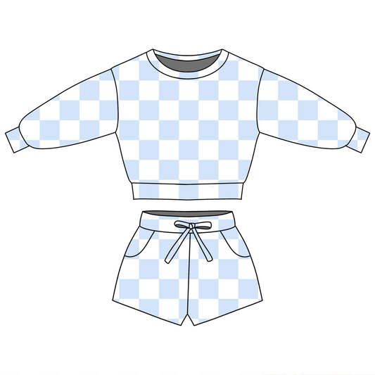 MOQ 5 PCS Preorder GLS0087 Sky Blue Plaid Long Sleeve Shorts Girls Sets 202601