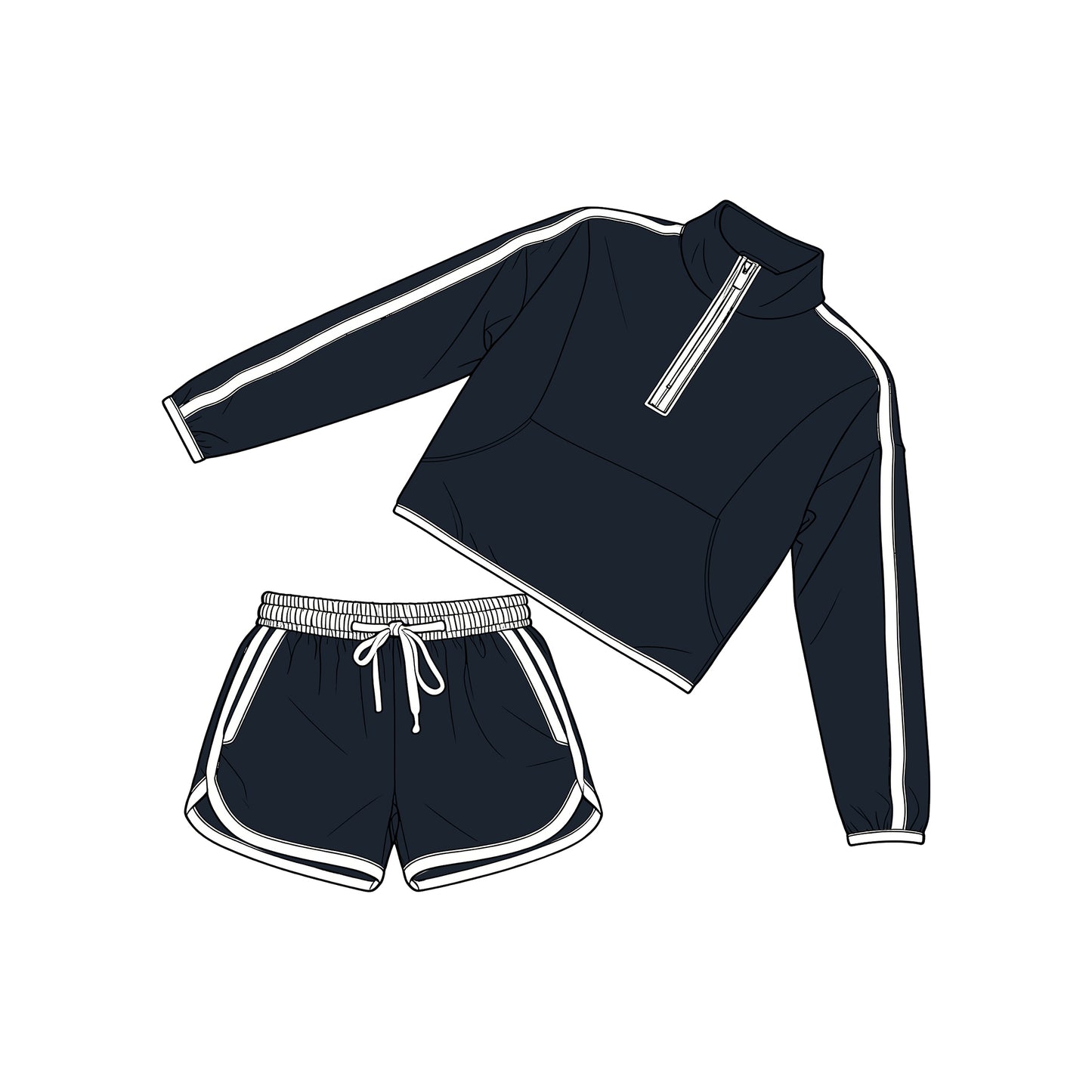 MOQ 5 PCS Preorder GLS0099 Navy White Patchwork Zip Collar Long Sleeve Shorts Girls Sets 202603