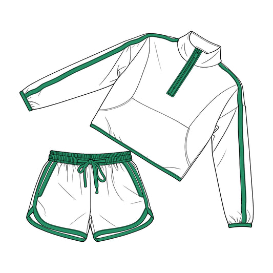 MOQ 5 PCS preorder GLS0100 Adult Female Green White Patchwork Zip Collar Long Sleeve Shorts Sets 202603
