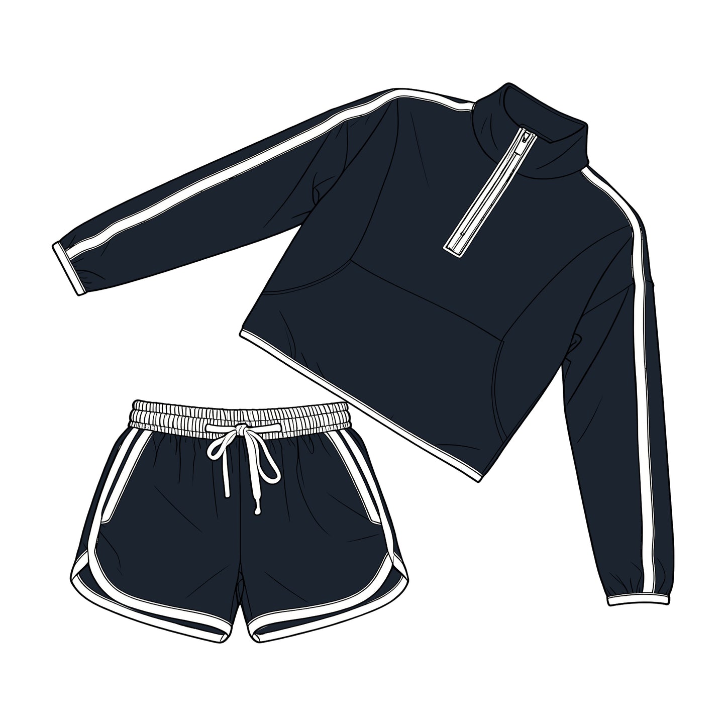 MOQ 5 PCS preorder GLS0103 Adult Female Navy White Patchwork Zip Collar Long Sleeve Shorts Sets 202603