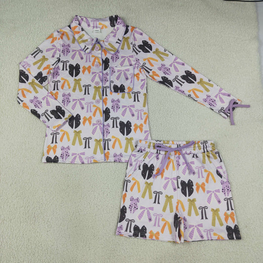 GLS0120 Adult Female Halloween Bows Purple Polo Button Long Sleeve Shorts Pajamas Set 202608 RTS