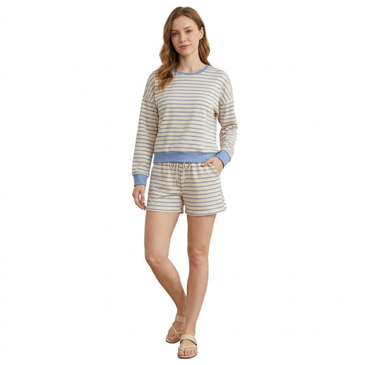 GLS0138 Gray Blue Beige Color Stripe Yoga Adult Women's Shorts Set