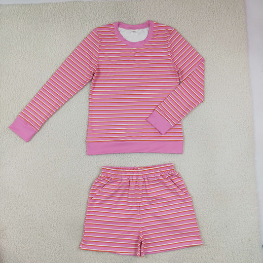 GLS0139 Coral Red Color Stripe Yoga Adult Women's Shorts Set