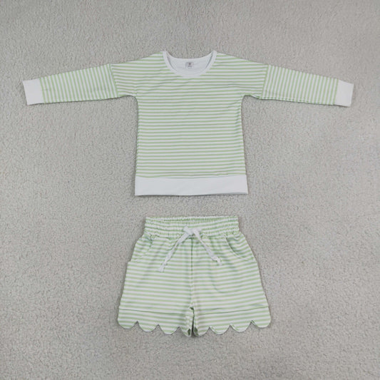 GLS0154 Light Green Stripe Scallop Edge Yoga Girls Shorts Set