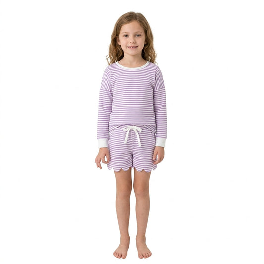 GLS0155 Purple Stripe Scallop Edge Yoga Girls Shorts Set