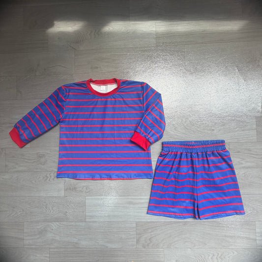 NO MOQ Preorder GLS0157 Red Blue Stripe Long Sleeve Top Shorts Girls Yoga Sets 202607