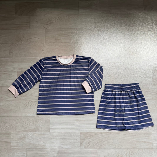 NO MOQ Preorder GLS0158 Navy Gray Stripe Long Sleeve Top Shorts Girls Yoga Sets 202607