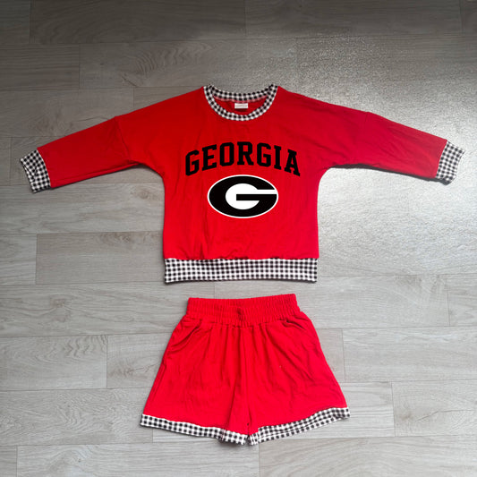 NO MOQ Preorder GLS0168 Offset Printing GEORGIA Black Plaid O-Neck Red Long Sleeve Top Shorts Girls Sets 202607