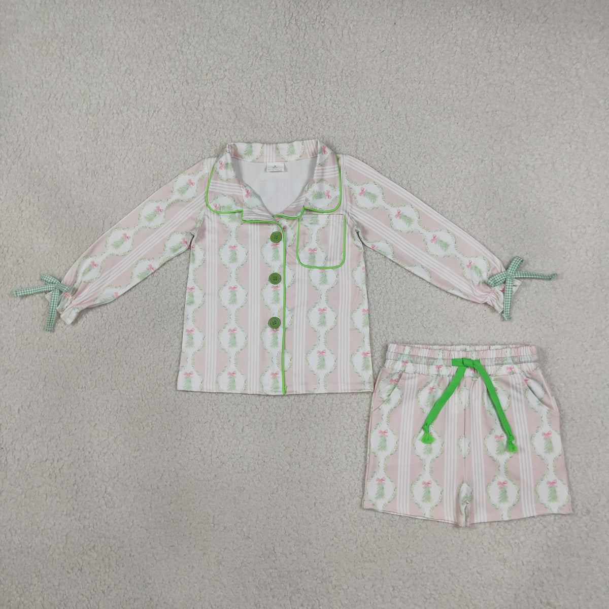 GLS0171 Christmas Trees Bows Green Girls Shorts Pajamas Set