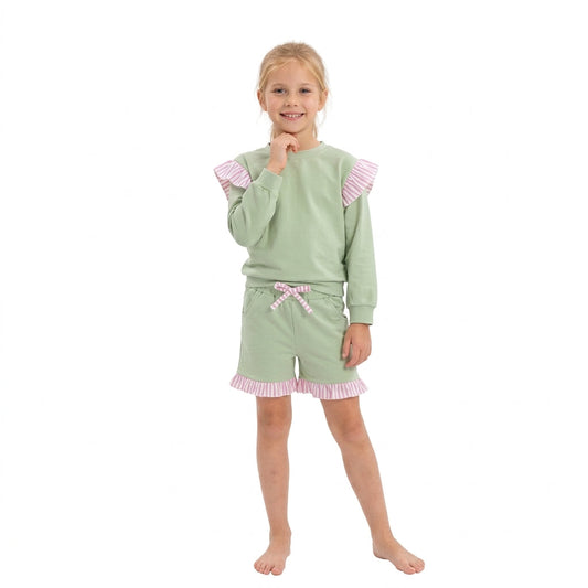 GLS0220 Solid Color Stripe Ruffles Light Green Girls Shorts Set