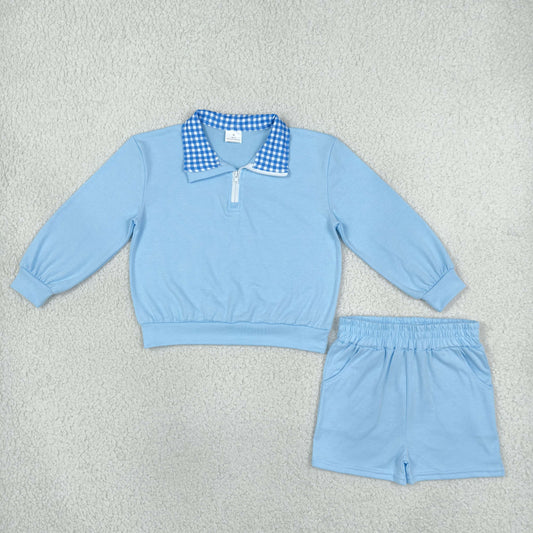 GLS0223 Solid Color Cotton Blue Plaid Polo Pullover Girls Shorts Set