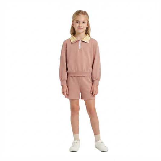 GLS0227 Solid Color Cotton Light Brown Plaid Polo Pullover Girls Shorts Set