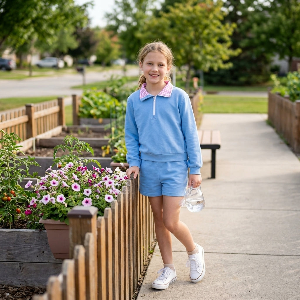 GLS0228 Solid Color Cotton Sky Blue Plaid Polo Pullover Girls Shorts Set