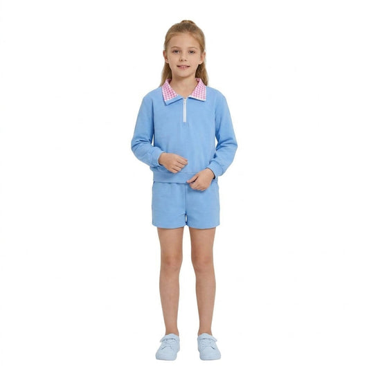 GLS0228 Solid Color Cotton Sky Blue Plaid Polo Pullover Girls Shorts Set