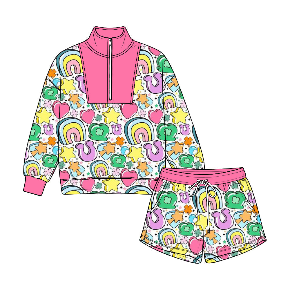 Preorder MOQ 5 pcs GLS0238 Saint Patrick Rainbow Leaf Rose Red Zipper Girls Shorts Set 202609