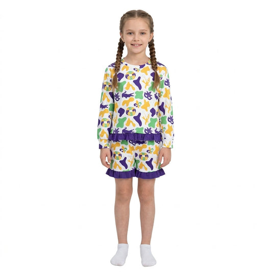 GLS0243 Mardi Gras Dount Camo Purple Ruffles Girls Shorts Set