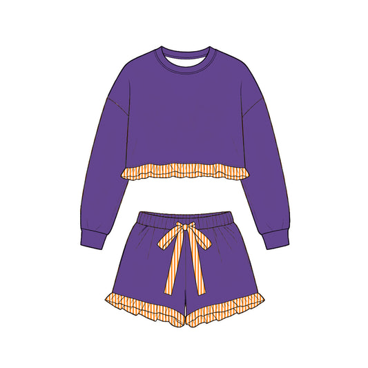 Preorder MOQ 5 pcs Each Style Solid Color Cotton Stripe Ruffles Girls Shorts Set Kids Matching Clothes 202609