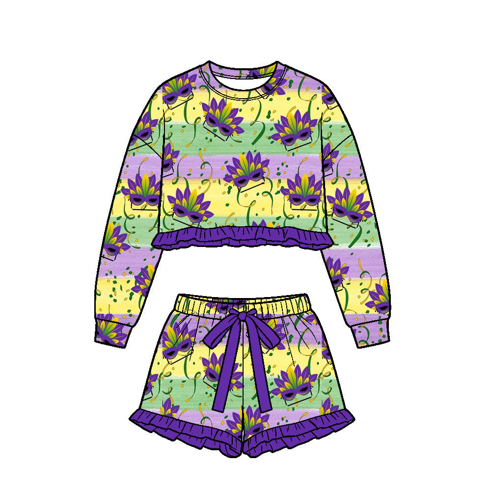 Preorder MOQ 5 pcs Each Style Mardi Gras Ruffles Girls Shorts Set Kids Matching Clothes 202609