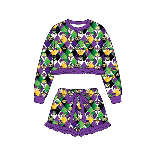 Preorder MOQ 5 pcs Each Style Mardi Gras Ruffles Girls Shorts Set Kids Matching Clothes 202609