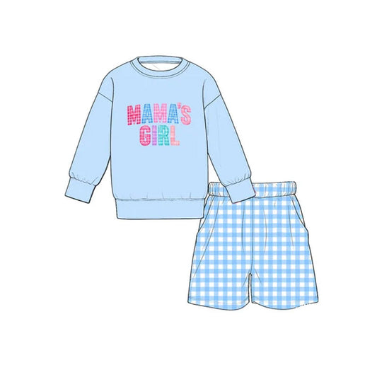 Preorder MOQ 5 pcs GLS0277 MAMA'S Girl Blue Plaid Bows Girls Shorts Set