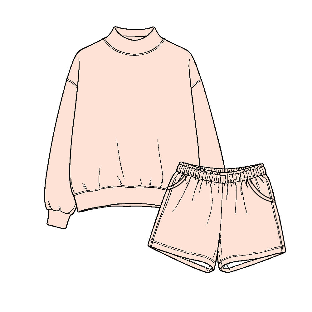 Preorder MOQ 5 pcs Each Style Solid Color Mockneck Girls Shorts Set Kids Matching Clothes