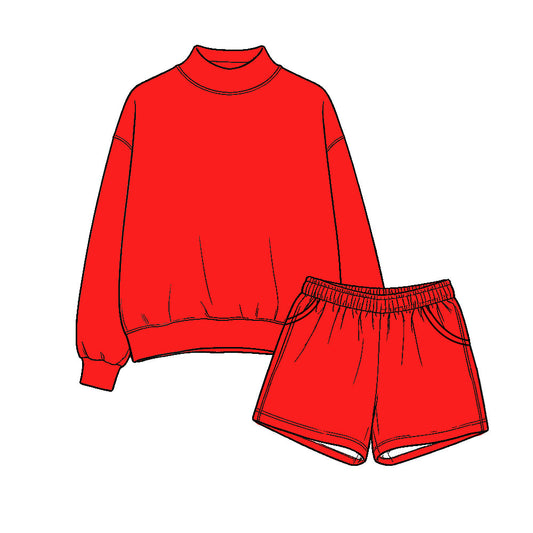 Preorder MOQ 5 pcs Each Style Solid Color Mockneck Girls Shorts Set Kids Matching Clothes