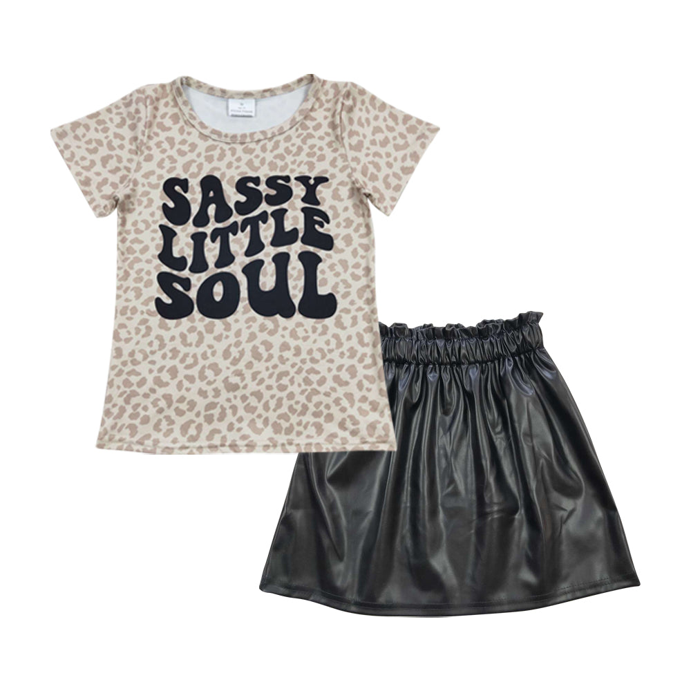 GSD0413 2pcs Sassy Little Soul GLK0013 Black leather Skirt Dresses Girls Short Sleeve Shorts Outfits