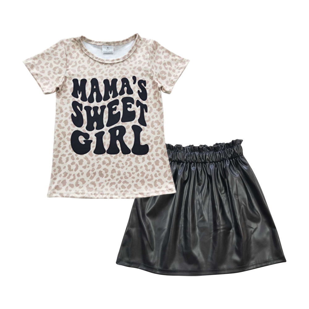 GSD0414 2pcs Mama's Sweet Girl GLK0013 Black leather Skirt Dresses Girls Short Sleeve Shorts Outfits