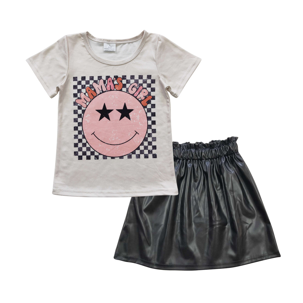 GSD0415 2pcs Mamas Girl Smile GLK0013 Black leather Skirt Dresses Girls Short Sleeve Shorts Outfits