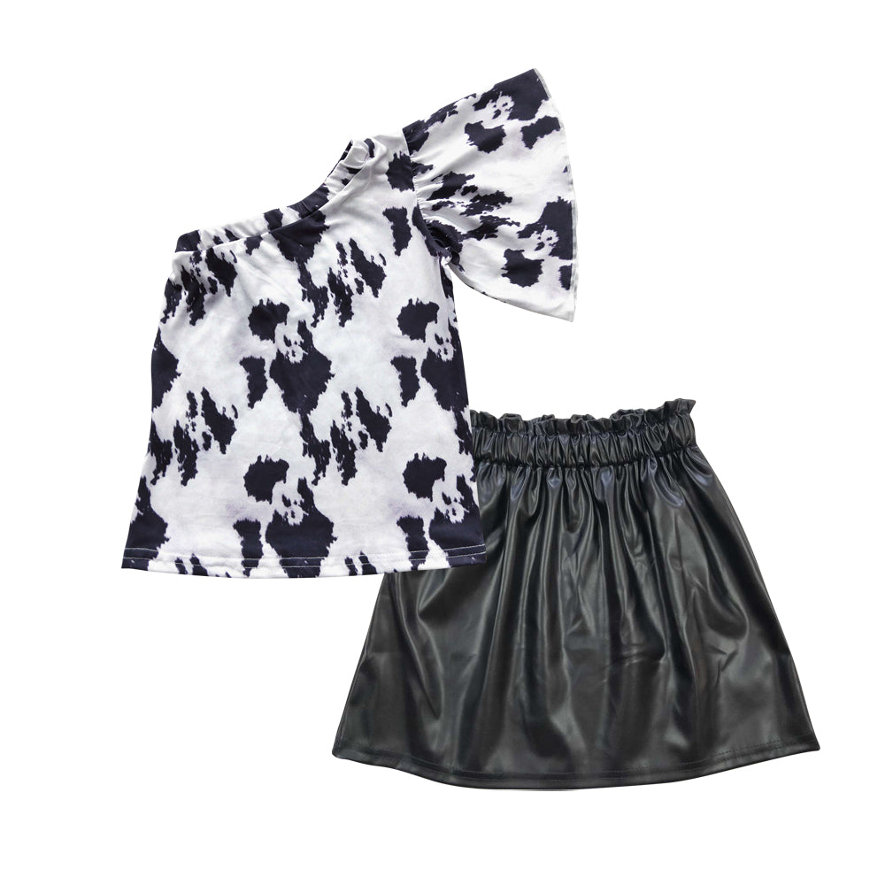 GSD0418 2pcs Black Tie Dye GLK0013 Black leather Skirt Dresses Girls Short Sleeve Shorts Outfits
