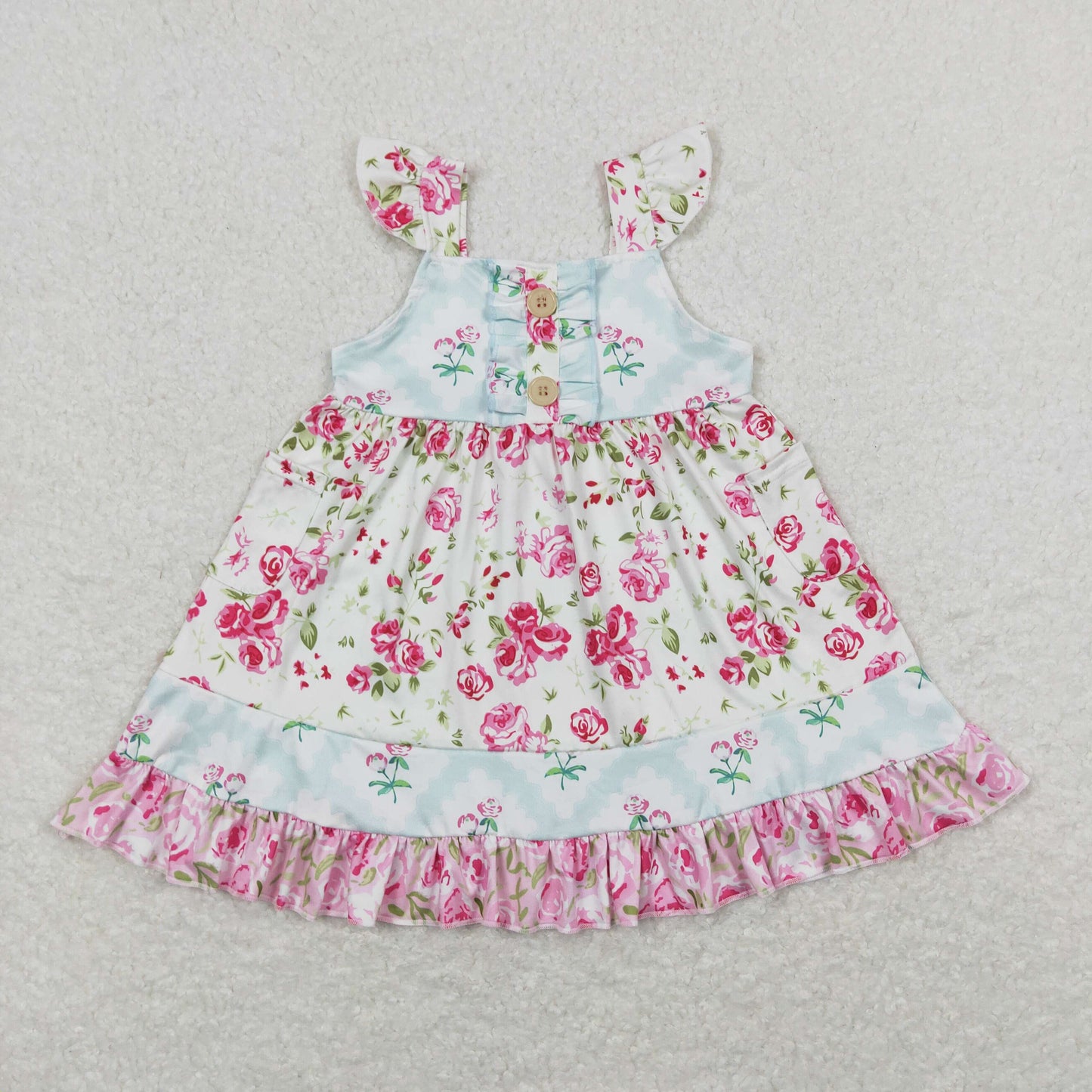 GSD0498 Blue Pink Flower Pocket Ruffle Fly Sleeve Dress Boutique Girls Outfits 202404 RTS