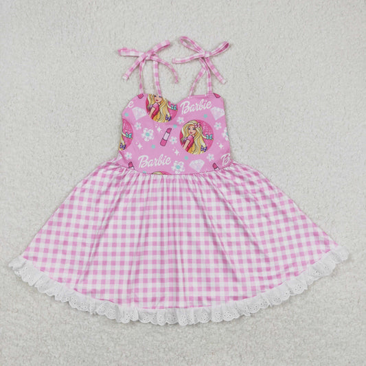 GSD0526 Barbie Pink Plaid Lace Ruffle Halter Dresses for Girls RTS 202508