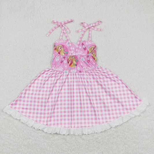 GSD0526 Barbie Pink Plaid Lace Ruffle Halter Dresses for Girls RTS 202508