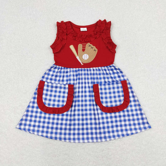 GSD0566 Embroidered Blue Plaid Pocket Red Ruffle Sleeveless Dresses for Girls RTS 202508