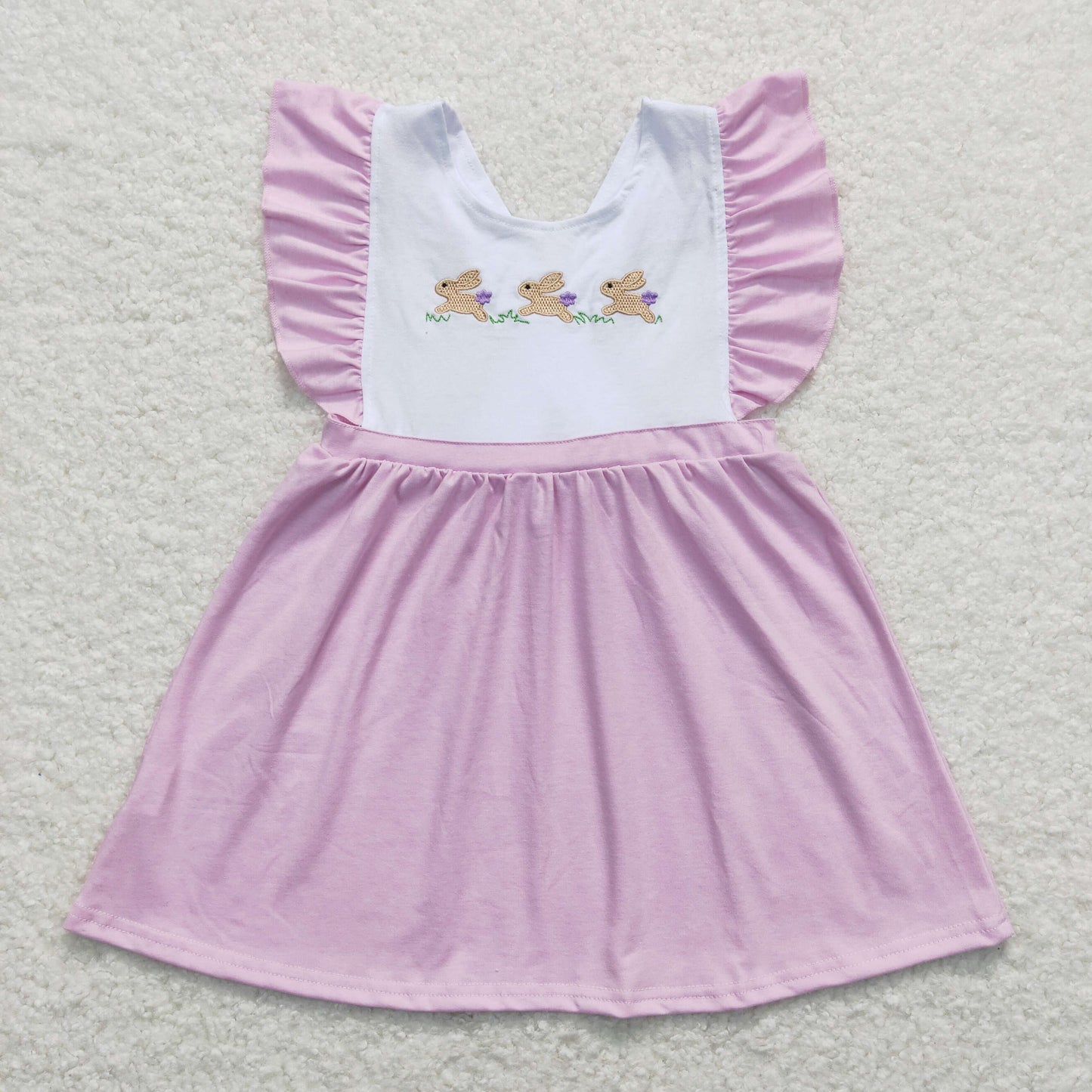 GSD0569 Embroidered Bunny Purple Ruffle Flying Sleeve Dresses for Girls RTS 202508