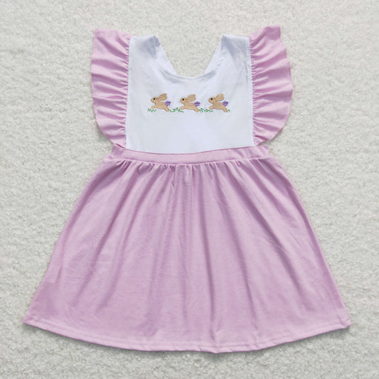 GSD0569 Embroidered Bunny Purple Ruffle Flying Sleeve Dresses for Girls RTS 202508