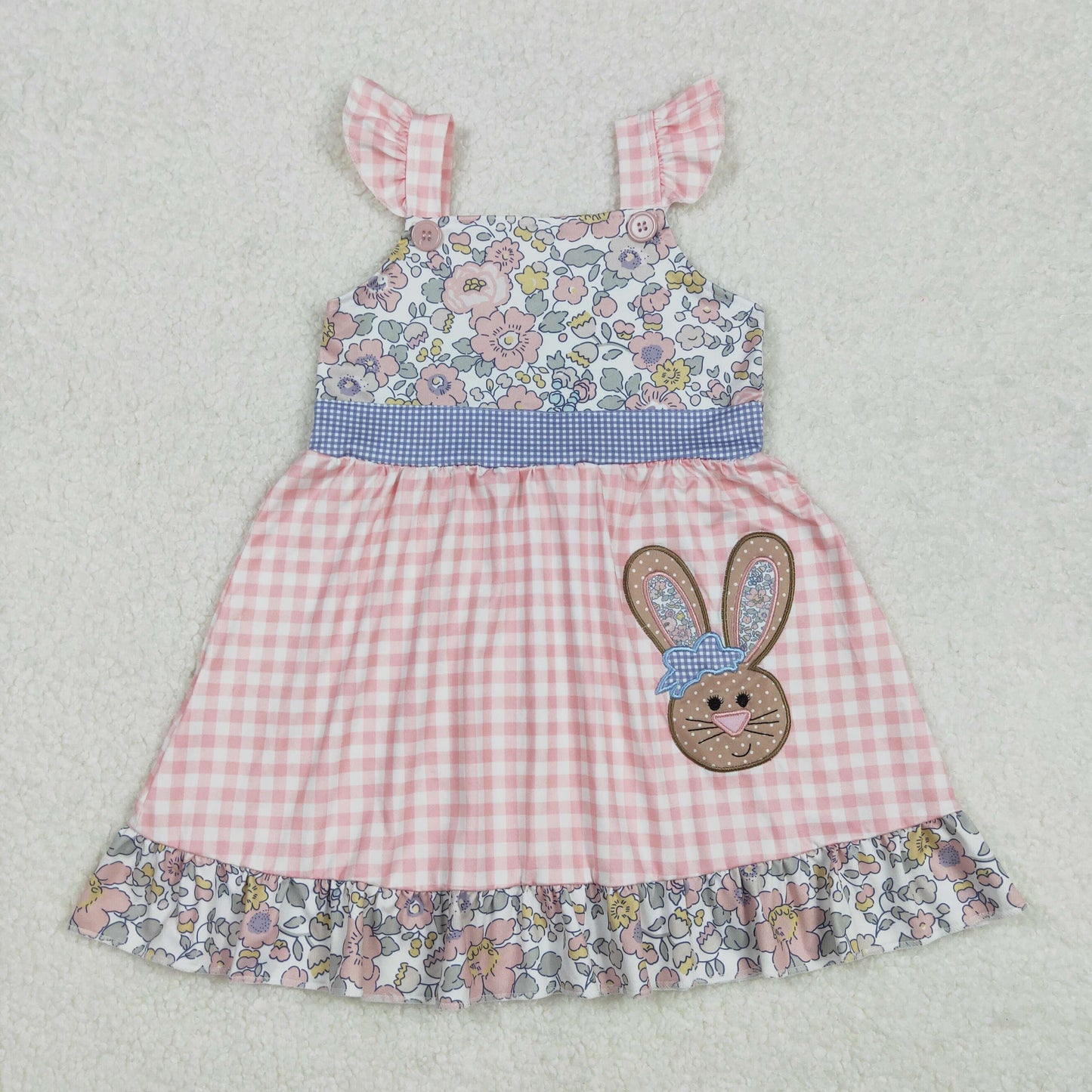 GSD0593 Embroidered Easter Bunny Flower Plaid Fly Sleeve Dress Girls Boutique clothes 202502 RTS