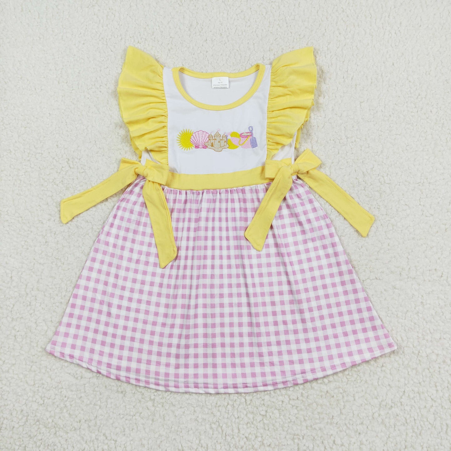 GSD0600 Embroidered Shell Castle beach ball pink white check yellow lace bow flying sleeve dress dresses kids girl