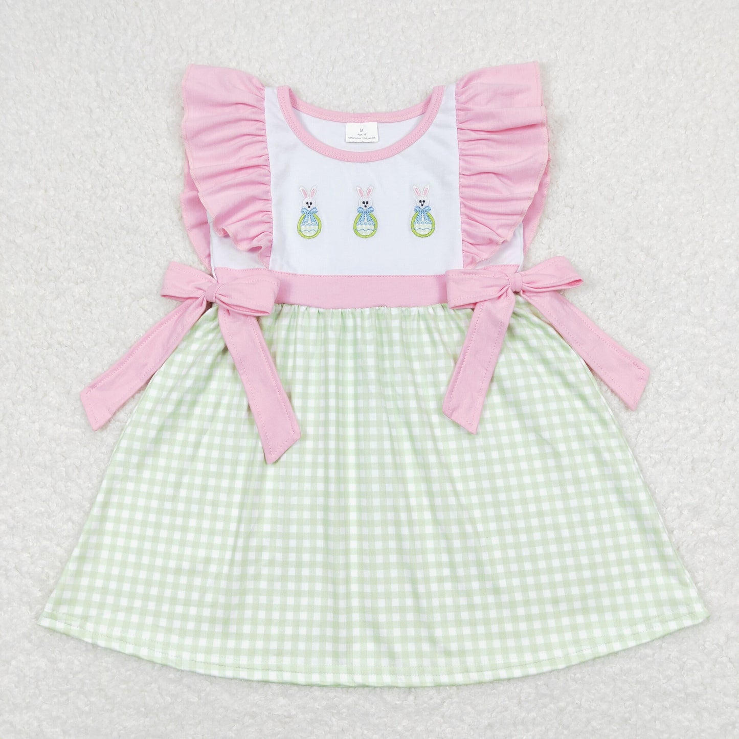 GSD0601 Embroidered Easter Bunny Pink Ruffle Bows Green Plaid Flying Sleeve Dresses for Girls RTS 202508