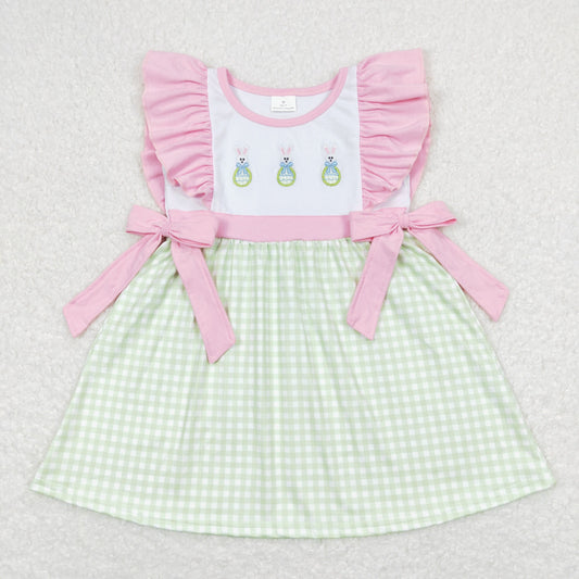GSD0601 Embroidered Easter Bunny Pink Ruffle Bows Green Plaid Flying Sleeve Dresses for Girls RTS 202508