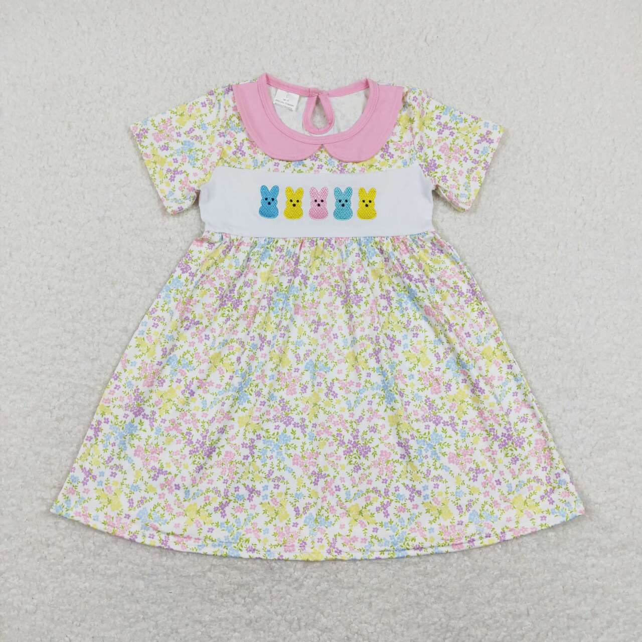 GSD0649 Embroidered Bunny Floral Pink Doll Collar Short Sleeve Dresses for Girls RTS 202507
