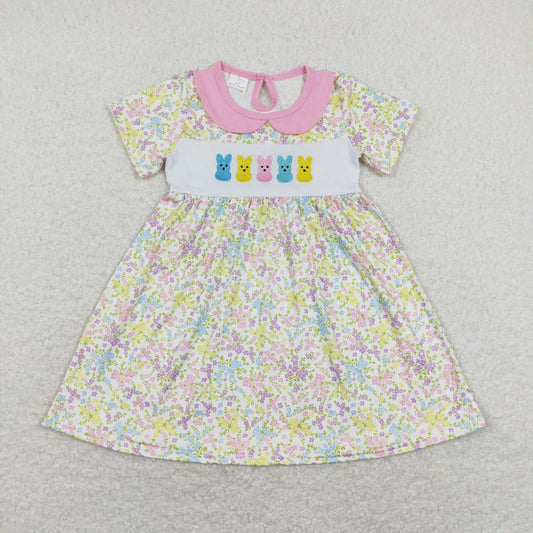 GSD0649 Embroidered Bunny Floral Pink Doll Collar Short Sleeve Dresses for Girls RTS 202507