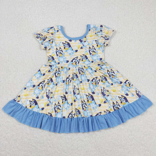 GSD0686 Cartoon Bluey Blue Ruffle Short Sleeve Dresses for Girls RTS 202508