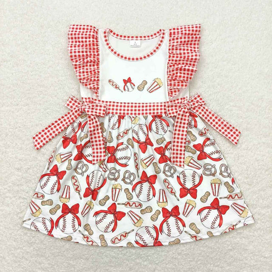GSD0712 Bow baseball peanut popcorn red and white check bow short-sleeved dress girl dress
