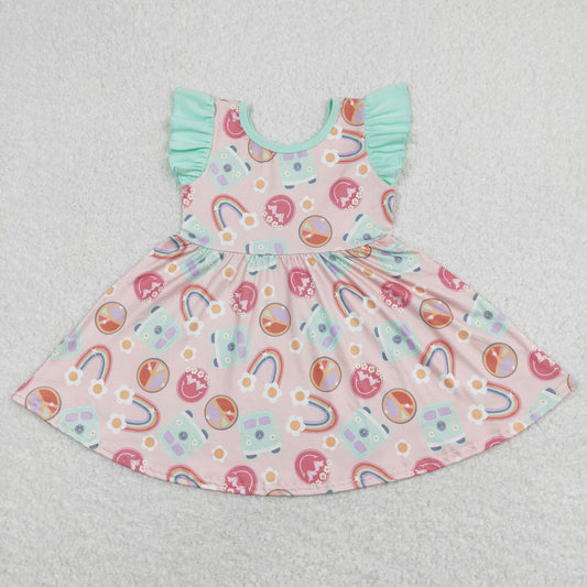 GSD0717 Rainbow Smiley Face Flower Bus Pink Green Flying Sleeve Dresses for Girls RTS 202508