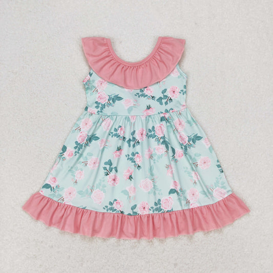 GSD0722 Flower pink lace bow aqua sleeveless dress toddler girls dresses