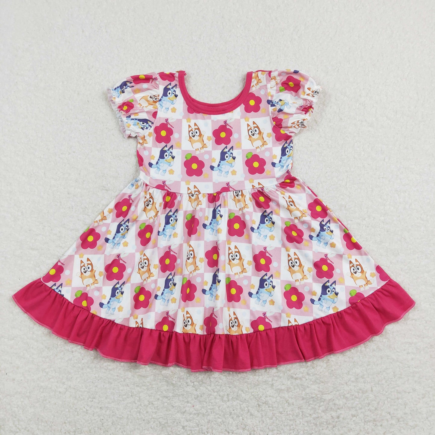GSD0740 Rose Red Ruffle Short Sleeve Dresses Cartoon bluey Girls boutique outfit 202501