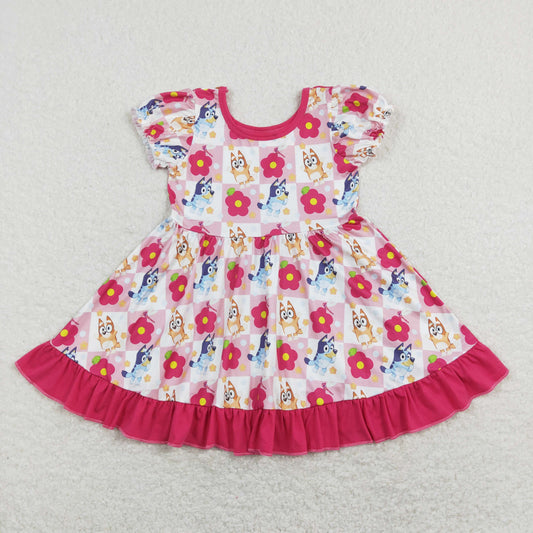GSD0740 Rose Red Ruffle Short Sleeve Dresses Cartoon bluey Girls boutique outfit 202501